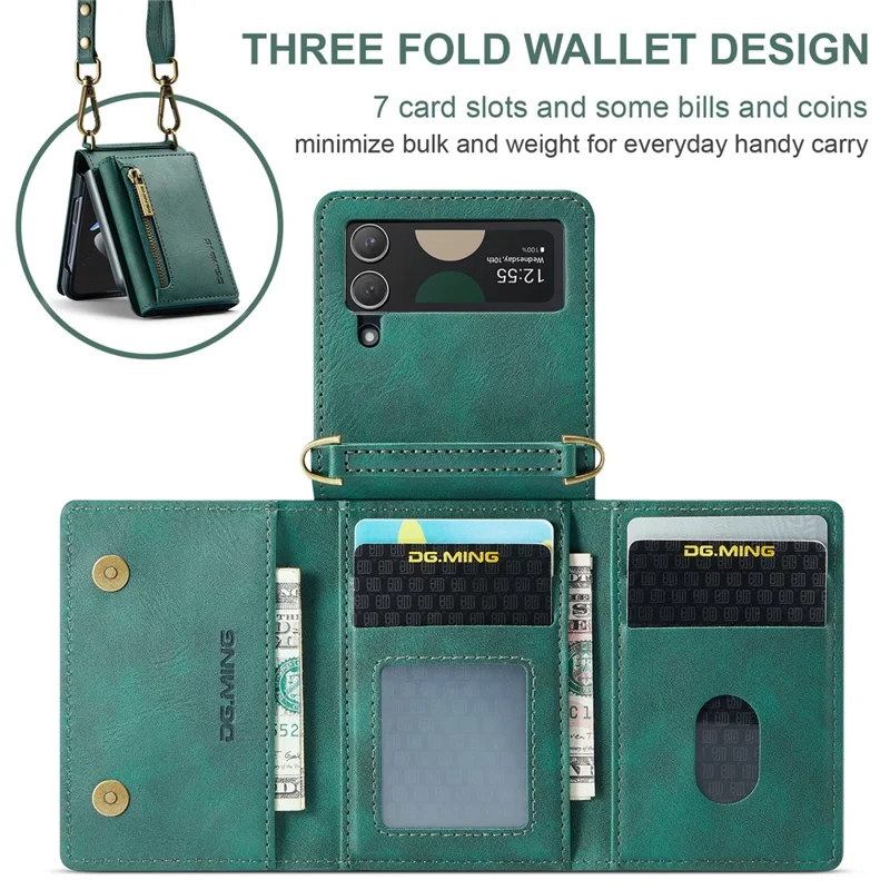 DG.MING Série M5 para Samsung Galaxy Z Flip3 5G Case RFID Bloqueio de Slots de Cartão Capa de Couro+PC - Verde
