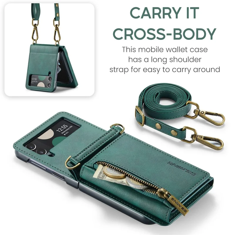 DG.MING Série M5 para Samsung Galaxy Z Flip3 5G Case RFID Bloqueio de Slots de Cartão Capa de Couro+PC - Verde
