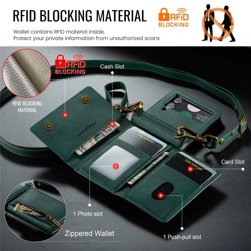 DG.MING Série M5 para Samsung Galaxy Z Flip3 5G Case RFID Bloqueio de Slots de Cartão Capa de Couro+PC - Verde