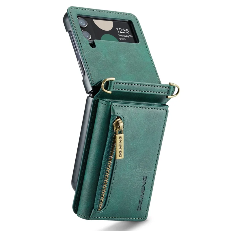 DG.MING Série M5 para Samsung Galaxy Z Flip3 5G Case RFID Bloqueio de Slots de Cartão Capa de Couro+PC - Verde