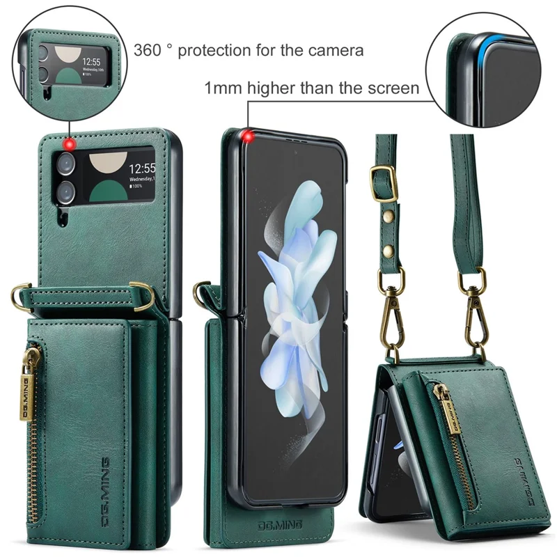 DG.MING Série M5 para Samsung Galaxy Z Flip3 5G Case RFID Bloqueio de Slots de Cartão Capa de Couro+PC - Verde