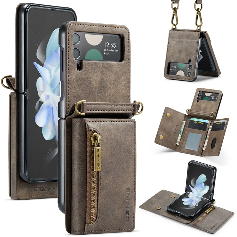 DG.MING M5 Series for Samsung Galaxy Z Flip3 5G Case RFID Blocking Card Slots Leather+PC Phone Cover - Coffee