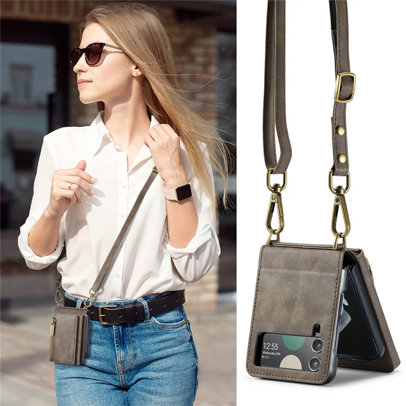 DG.MING M5 Series for Samsung Galaxy Z Flip3 5G Case RFID Blocking Card Slots Leather+PC Phone Cover - Coffee