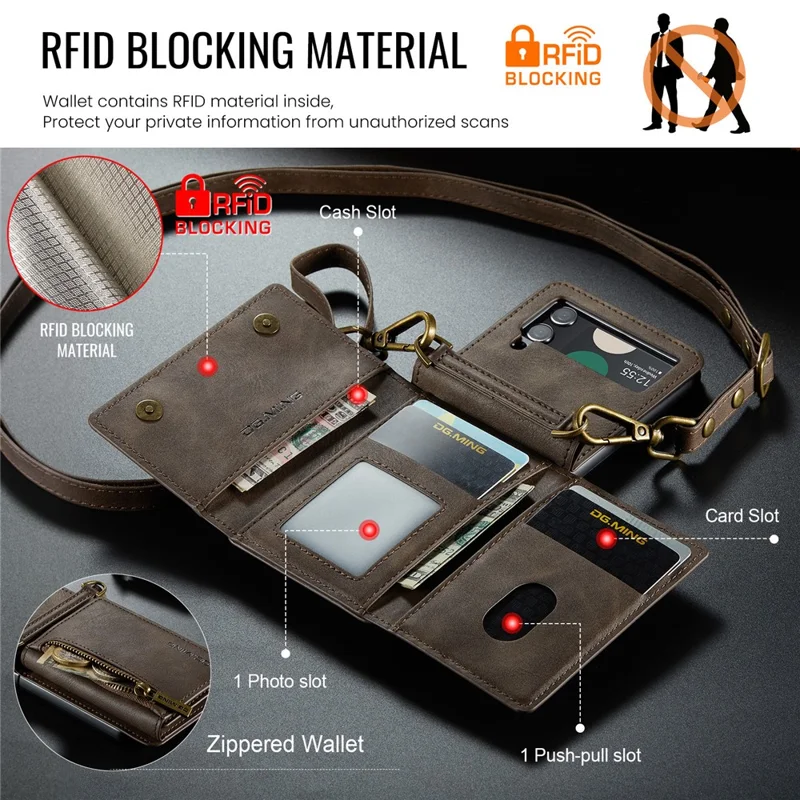 DG.MING M5 Series for Samsung Galaxy Z Flip3 5G Case RFID Blocking Card Slots Leather+PC Phone Cover - Coffee