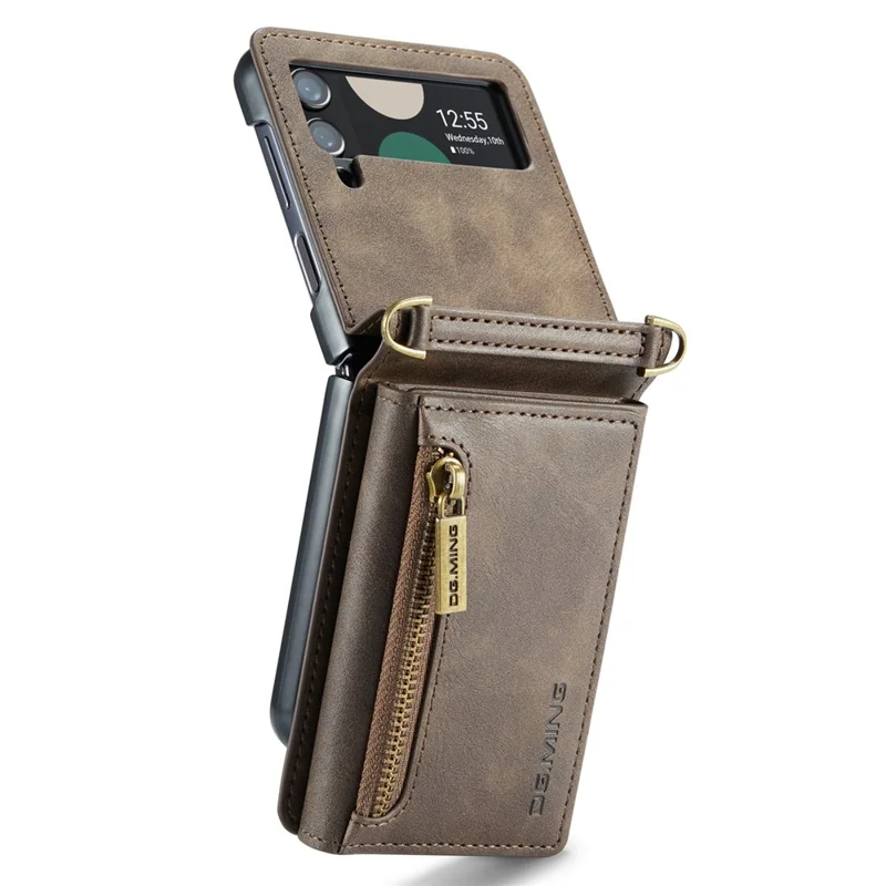 DG.MING M5 Series for Samsung Galaxy Z Flip3 5G Case RFID Blocking Card Slots Leather+PC Phone Cover - Coffee