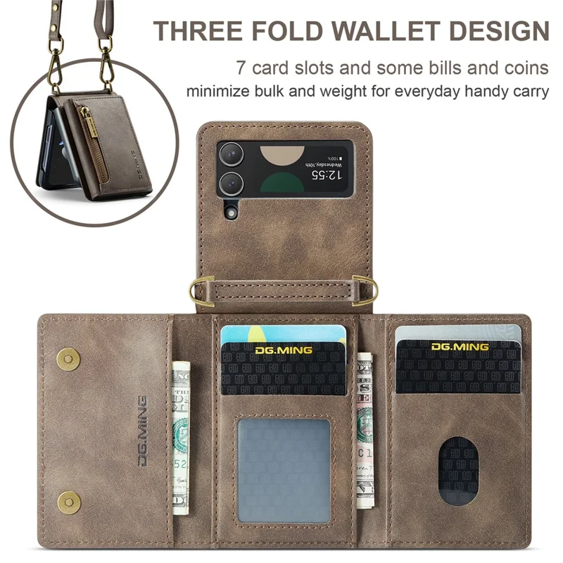 DG.MING M5 Series for Samsung Galaxy Z Flip3 5G Case RFID Blocking Card Slots Leather+PC Phone Cover - Coffee
