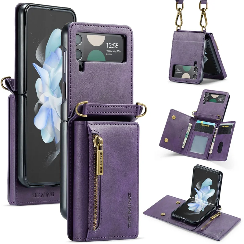 DG.MING M5 Series for Samsung Galaxy Z Flip3 5G Case RFID Blocking Card Slots Leather+PC Phone Cover - Purple