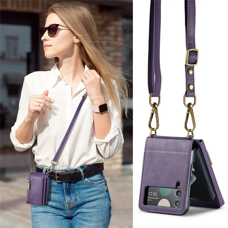 DG.MING M5 Series for Samsung Galaxy Z Flip3 5G Case RFID Blocking Card Slots Leather+PC Phone Cover - Purple