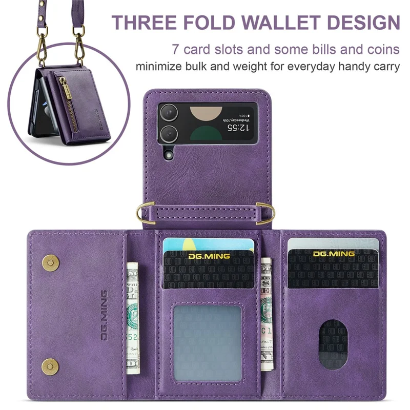DG.MING M5 Series for Samsung Galaxy Z Flip3 5G Case RFID Blocking Card Slots Leather+PC Phone Cover - Purple