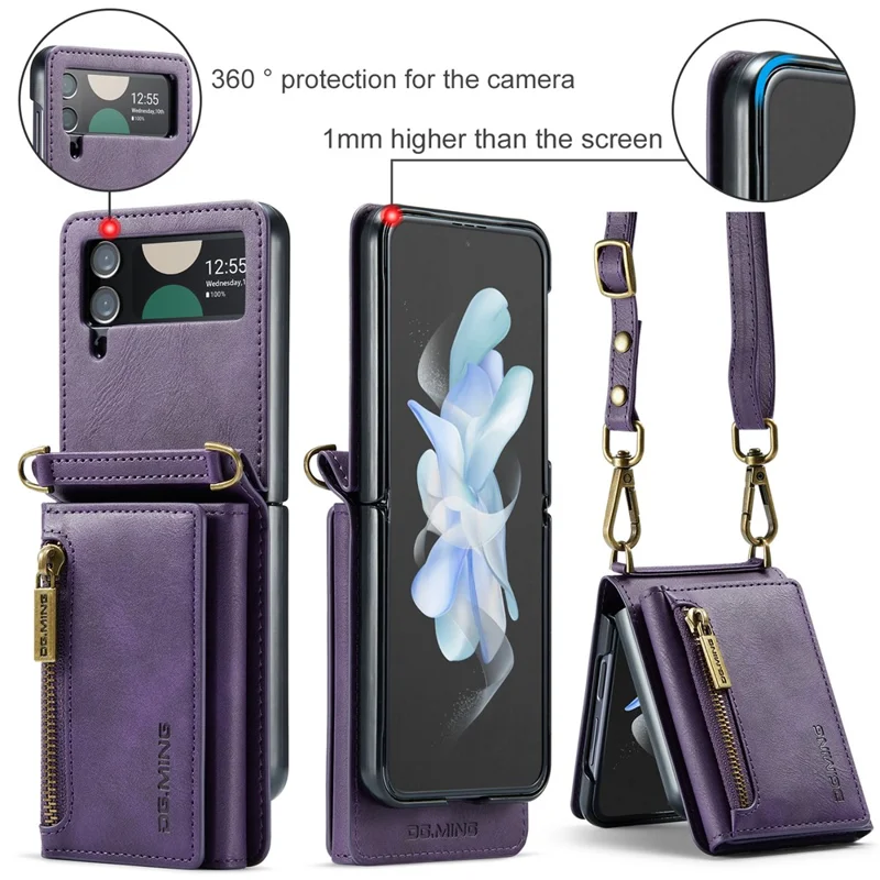 DG.MING M5 Series for Samsung Galaxy Z Flip3 5G Case RFID Blocking Card Slots Leather+PC Phone Cover - Purple