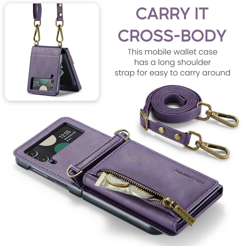 DG.MING M5 Series for Samsung Galaxy Z Flip3 5G Case RFID Blocking Card Slots Leather+PC Phone Cover - Purple