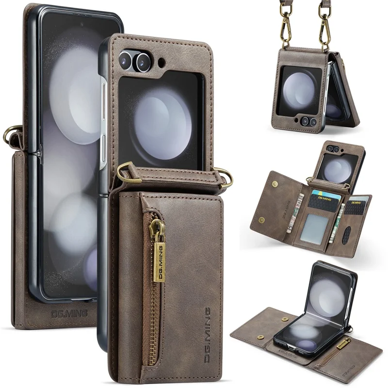 DG.MING Serie M5 per Samsung Galaxy Z Flip5 5G Custodia con supporto Zip Portafoglio Pelle+PC Custodia per telefono - Caffè