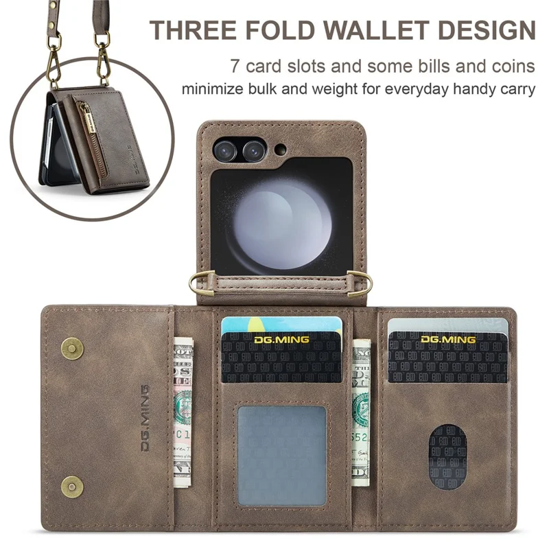 DG.MING Serie M5 per Samsung Galaxy Z Flip5 5G Custodia con supporto Zip Portafoglio Pelle+PC Custodia per telefono - Caffè