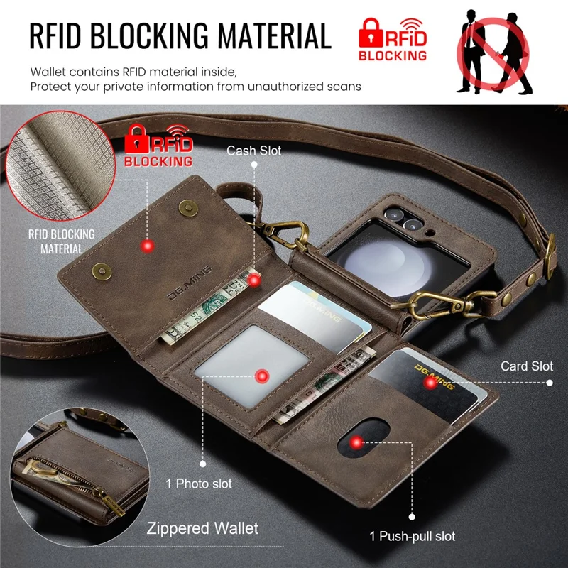 DG.MING Serie M5 per Samsung Galaxy Z Flip5 5G Custodia con supporto Zip Portafoglio Pelle+PC Custodia per telefono - Caffè