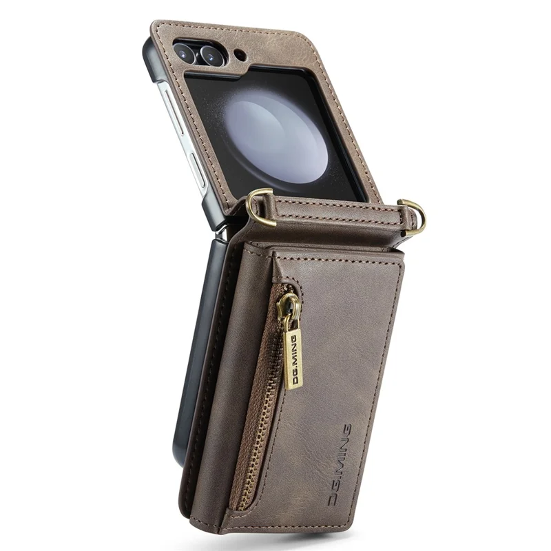 DG.MING Serie M5 per Samsung Galaxy Z Flip5 5G Custodia con supporto Zip Portafoglio Pelle+PC Custodia per telefono - Caffè