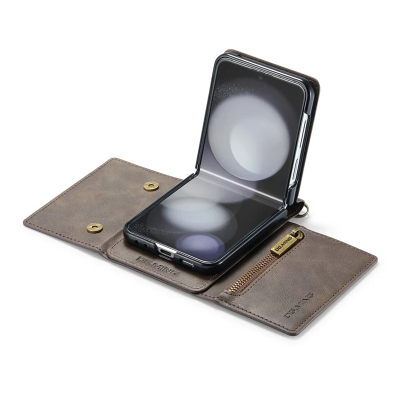 DG.MING Serie M5 per Samsung Galaxy Z Flip5 5G Custodia con supporto Zip Portafoglio Pelle+PC Custodia per telefono - Caffè