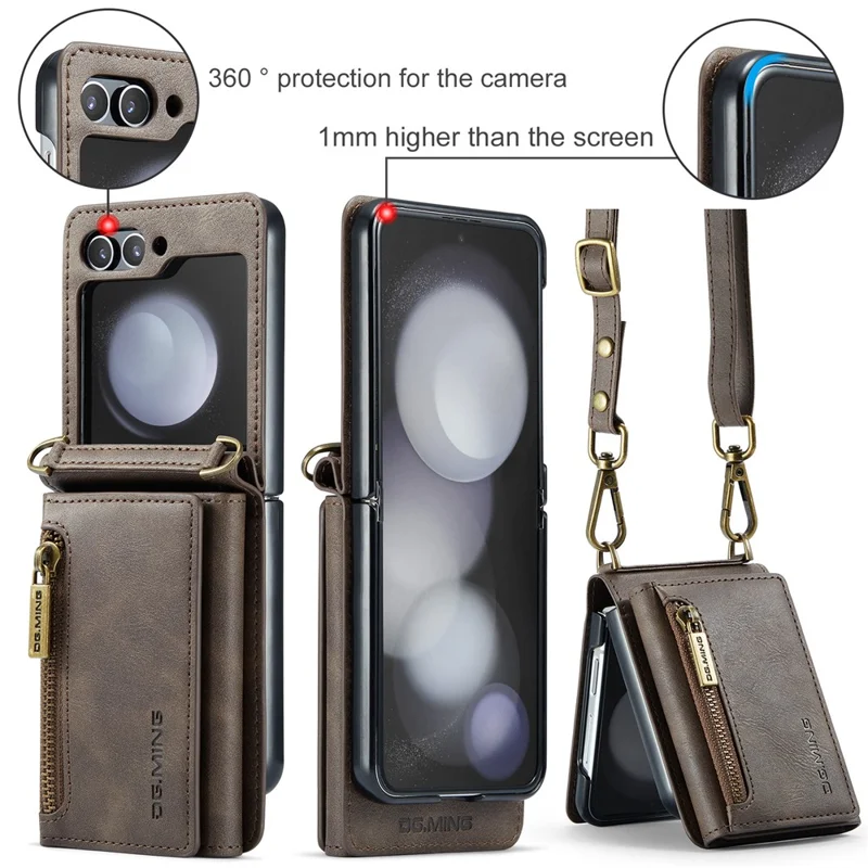 DG.MING Serie M5 per Samsung Galaxy Z Flip5 5G Custodia con supporto Zip Portafoglio Pelle+PC Custodia per telefono - Caffè