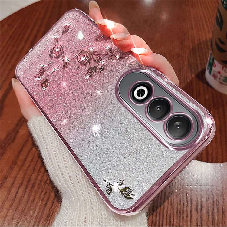 KADEM Pour OnePlus Nord CE4 5G Étui TPU Fleur Couleur Dégradée Paillettes Couverture avec Lanière - Or Rose