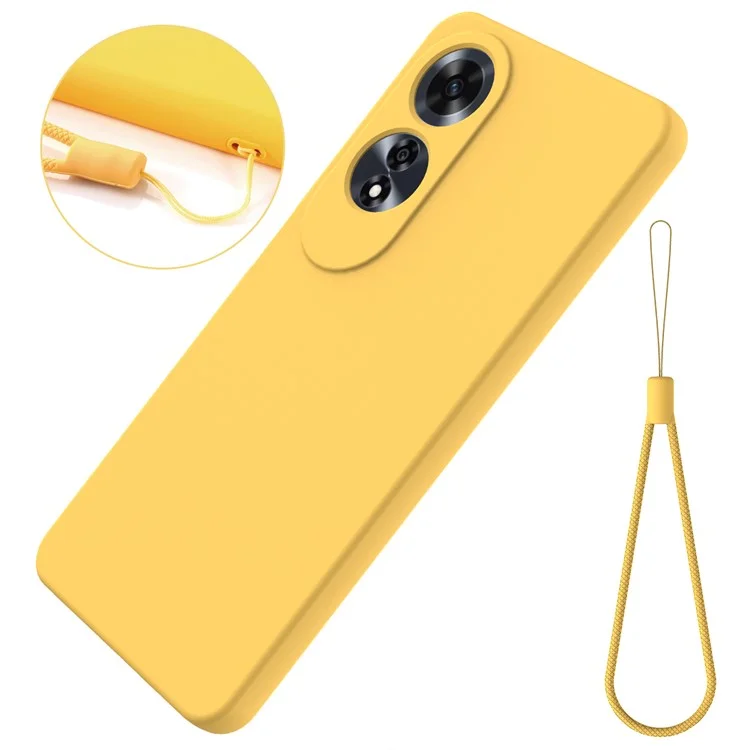 For Oppo A60 4G Cell Phone Case Liquid Silicone Scratch Resistant Phone Cover with Strap - Yellow