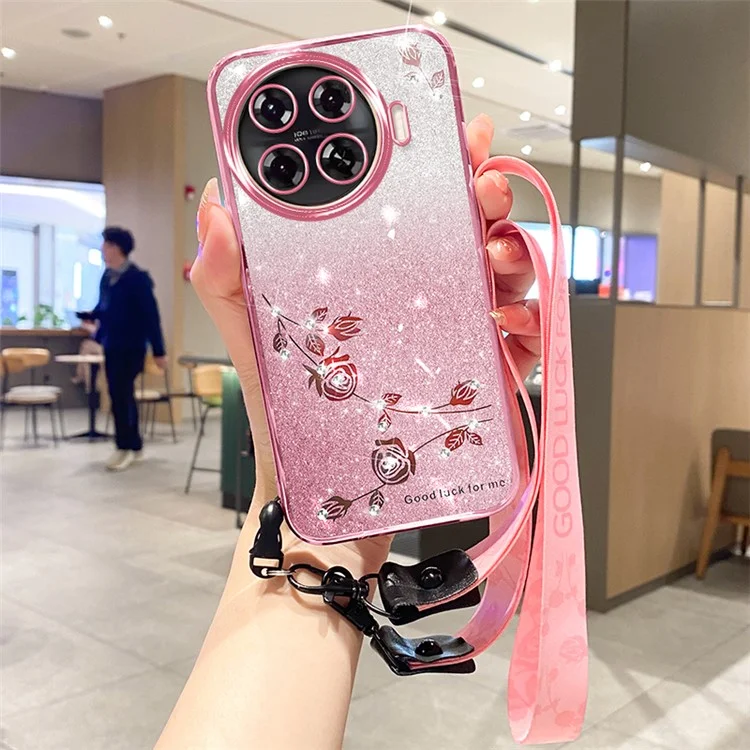 KADEM Für TECNO Spark 20 Pro+ Hülle Blume Glitzer Soft TPU Cover mit Trageschlaufe - Roségold
