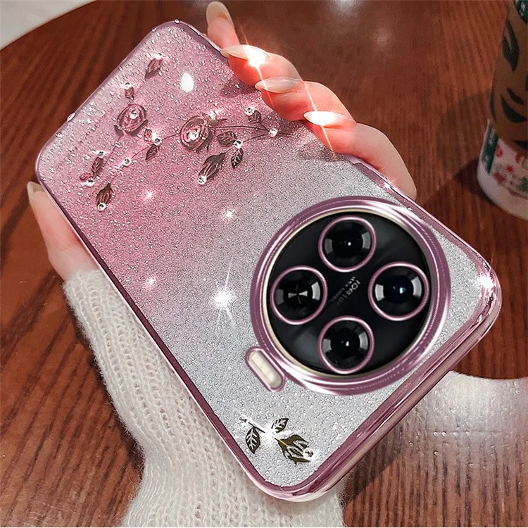 KADEM Für TECNO Spark 20 Pro+ Hülle Blume Glitzer Soft TPU Cover mit Trageschlaufe - Roségold