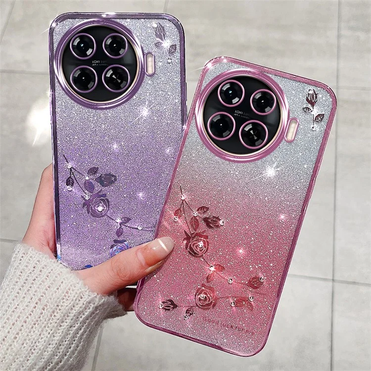 KADEM Für TECNO Spark 20 Pro+ Hülle Blume Glitzer Soft TPU Cover mit Trageschlaufe - Roségold