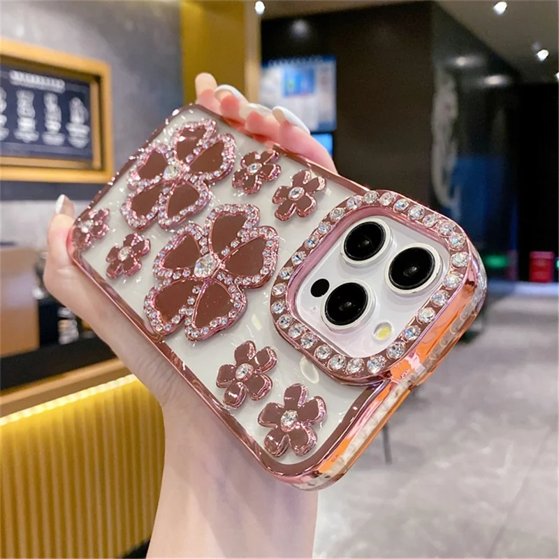For iPhone 14 Pro Max Case Flower Rhinestone Decor Glitter TPU Phone Cover - Pink
