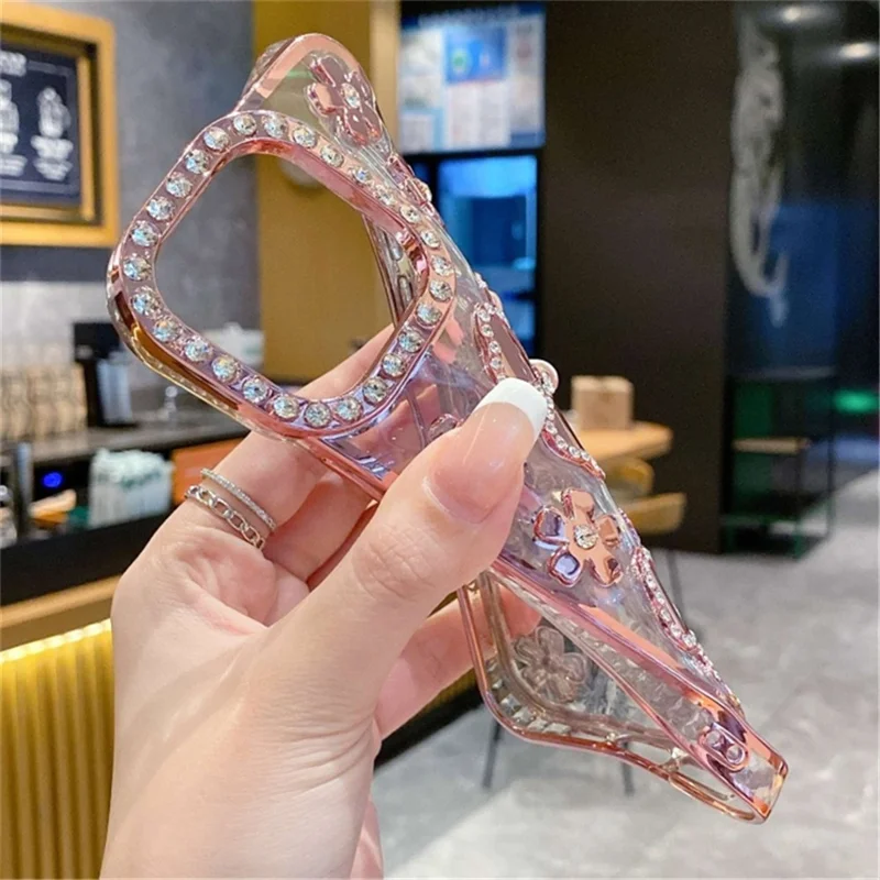 For iPhone 14 Pro Max Case Flower Rhinestone Decor Glitter TPU Phone Cover - Pink