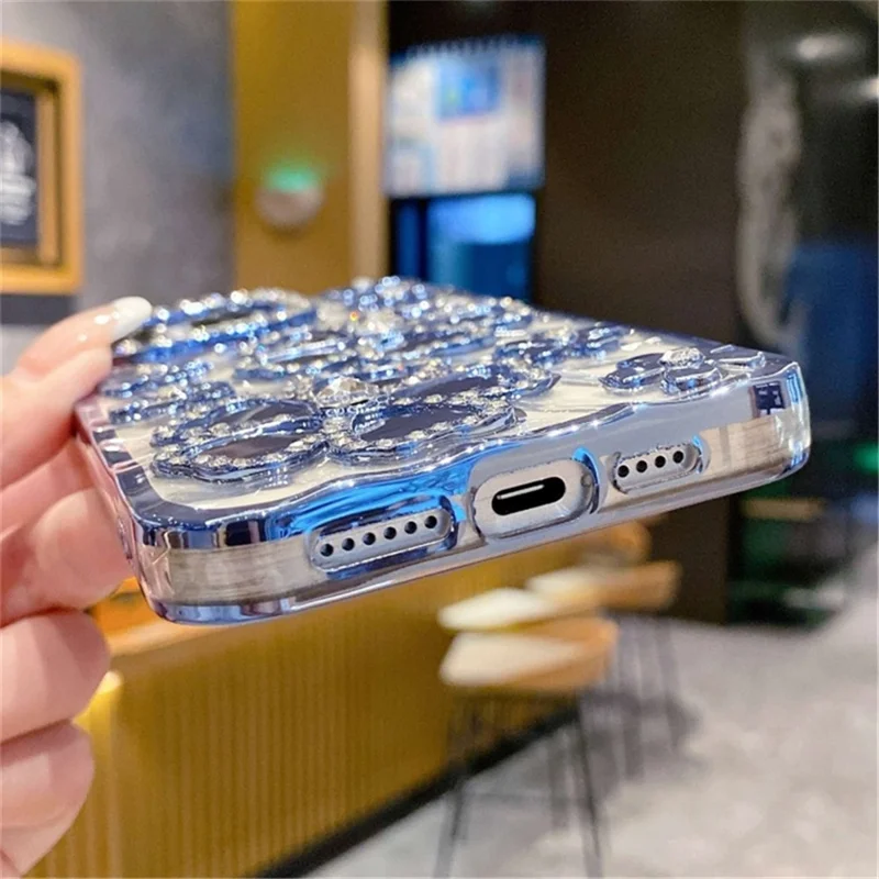 For iPhone 14 Pro Max Case Flower Rhinestone Decor Glitter TPU Phone Cover - Pink