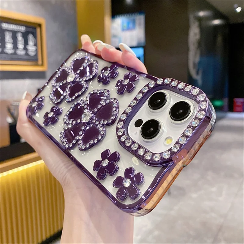 For iPhone 14 Pro Max Case Flower Rhinestone Decor Glitter TPU Phone Cover - Dark Purple