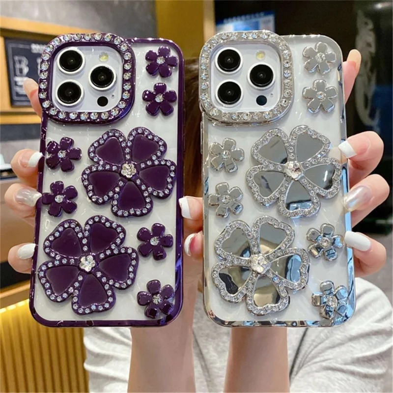 For iPhone 14 Pro Max Case Flower Rhinestone Decor Glitter TPU Phone Cover - Dark Purple