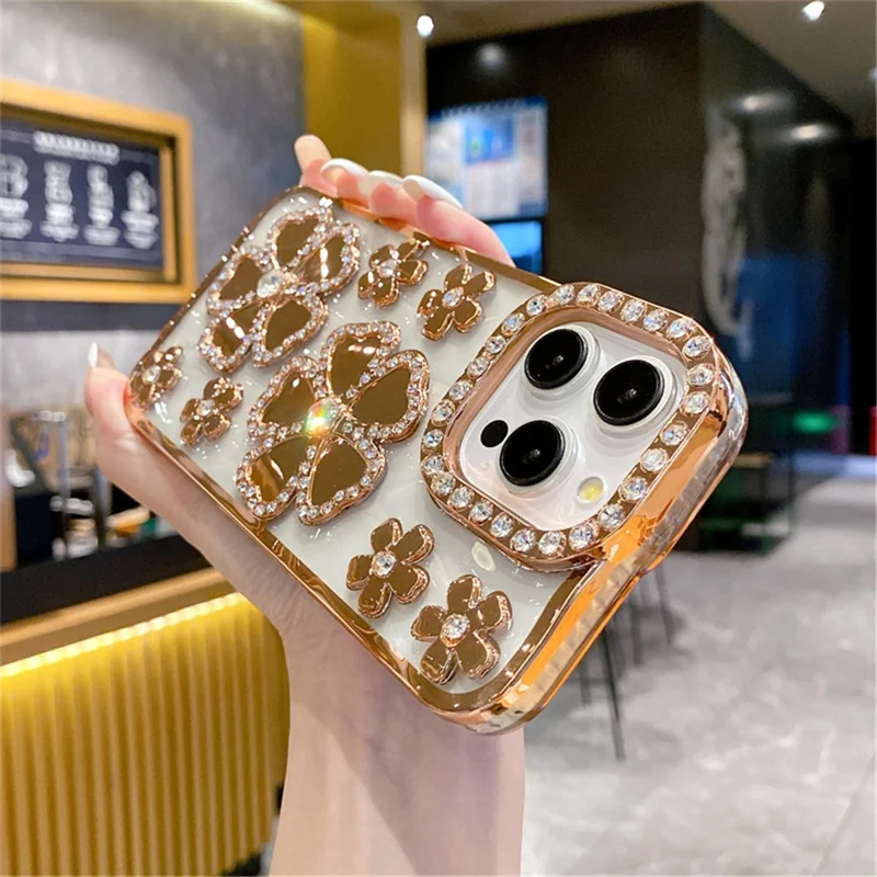 For iPhone 14 Pro Max Case Flower Rhinestone Decor Glitter TPU Phone Cover - Gold