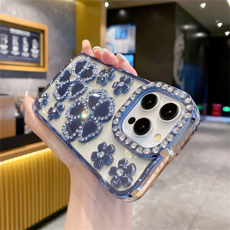 Für iPhone 14 Pro Case Rhinestone Flower Electroplating TPU Phone Cover - Blau