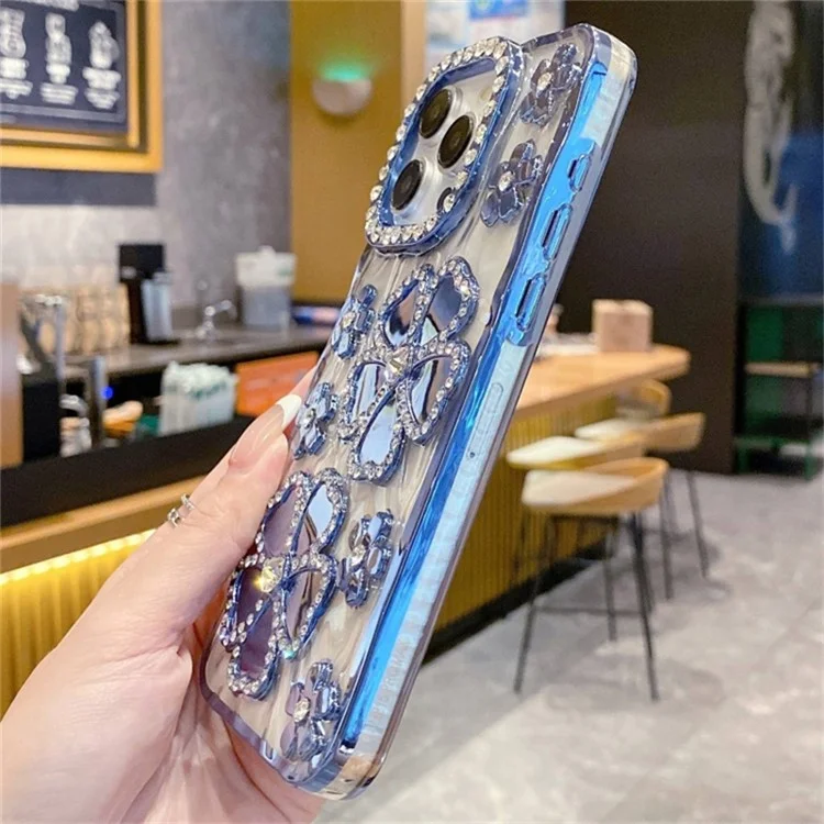 Für iPhone 14 Pro Case Rhinestone Flower Electroplating TPU Phone Cover - Blau