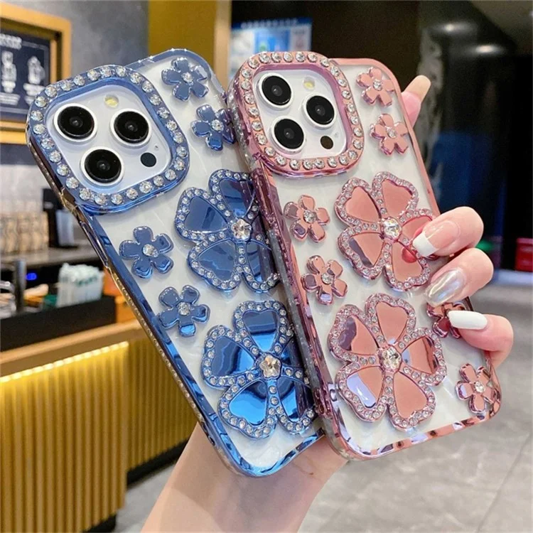 Für iPhone 14 Pro Case Rhinestone Flower Electroplating TPU Phone Cover - Blau