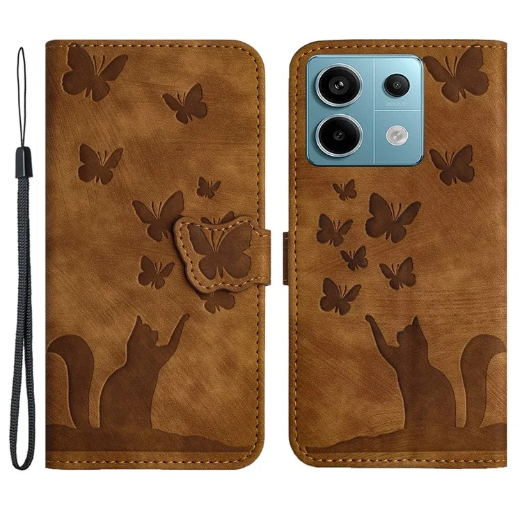 Para Xiaomi Redmi Note 13 Pro 5G / Poco X6 5G Capa Borboleta Gato Impresso Capa de Telefone de Couro Flip - Marrom