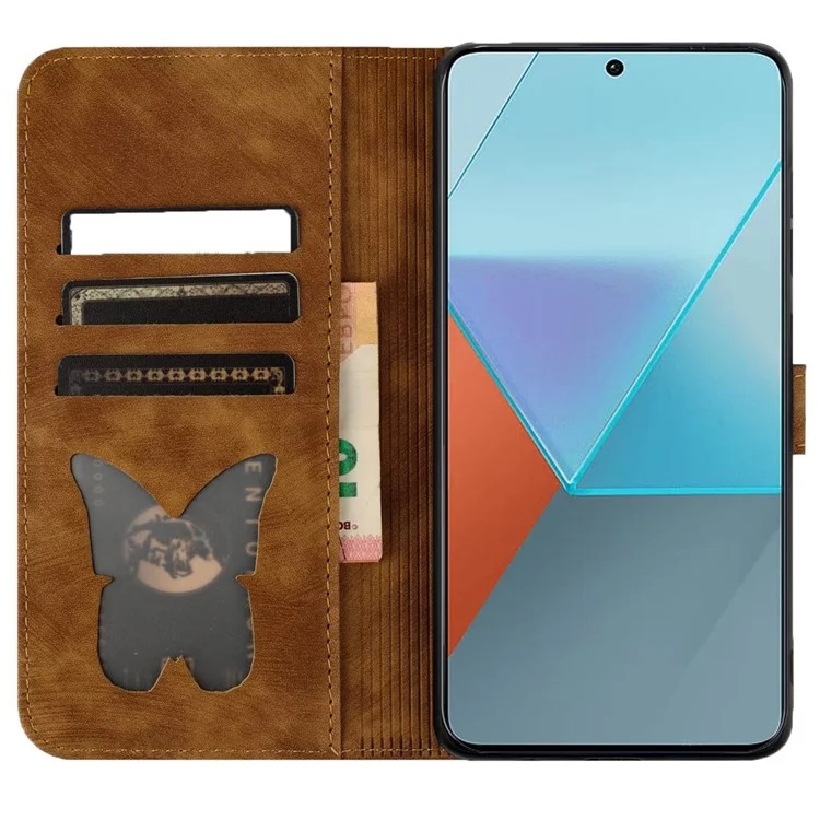 Para Xiaomi Redmi Note 13 Pro 5G / Poco X6 5G Capa Borboleta Gato Impresso Capa de Telefone de Couro Flip - Marrom
