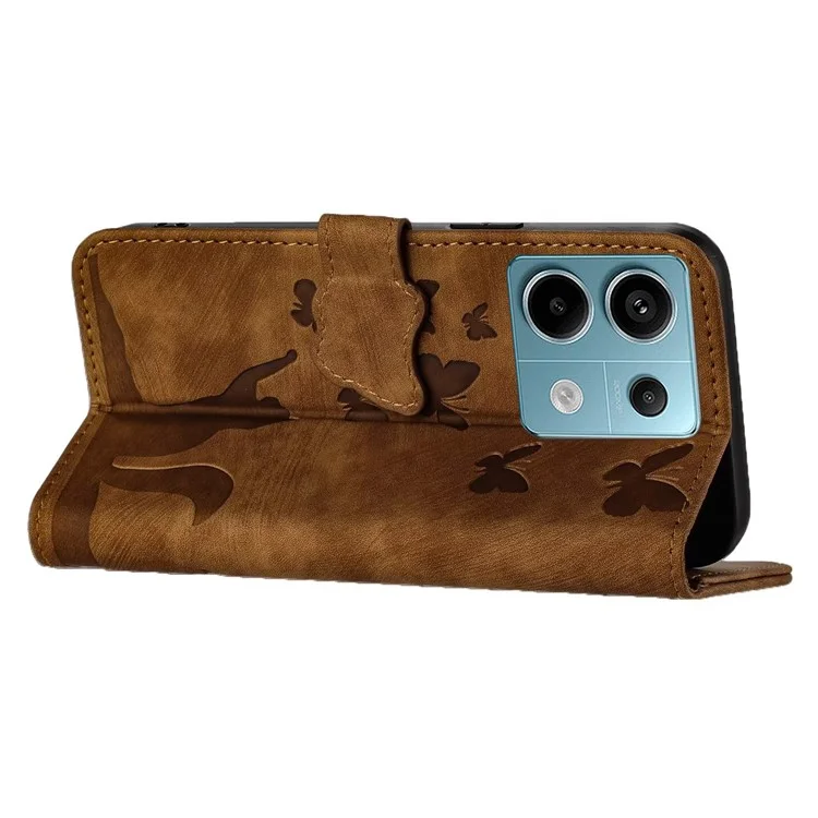 Para Xiaomi Redmi Note 13 Pro 5G / Poco X6 5G Capa Borboleta Gato Impresso Capa de Telefone de Couro Flip - Marrom