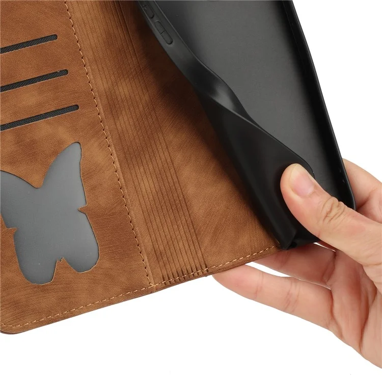 Para Xiaomi Redmi Note 13 Pro 5G / Poco X6 5G Capa Borboleta Gato Impresso Capa de Telefone de Couro Flip - Marrom
