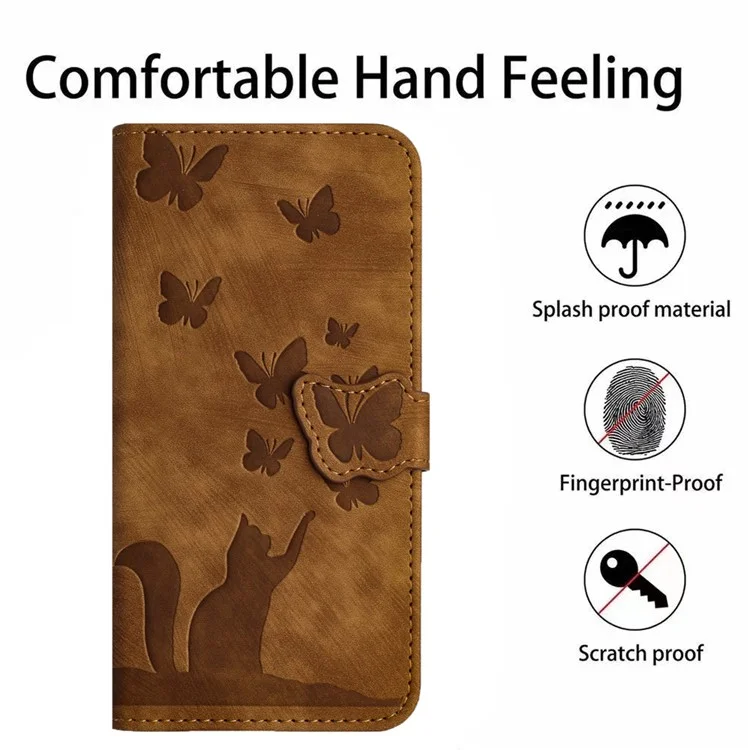 Para Xiaomi Redmi Note 13 Pro 5G / Poco X6 5G Capa Borboleta Gato Impresso Capa de Telefone de Couro Flip - Marrom