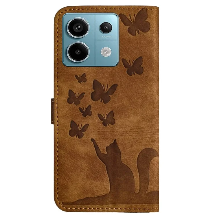 Para Xiaomi Redmi Note 13 Pro 5G / Poco X6 5G Capa Borboleta Gato Impresso Capa de Telefone de Couro Flip - Marrom