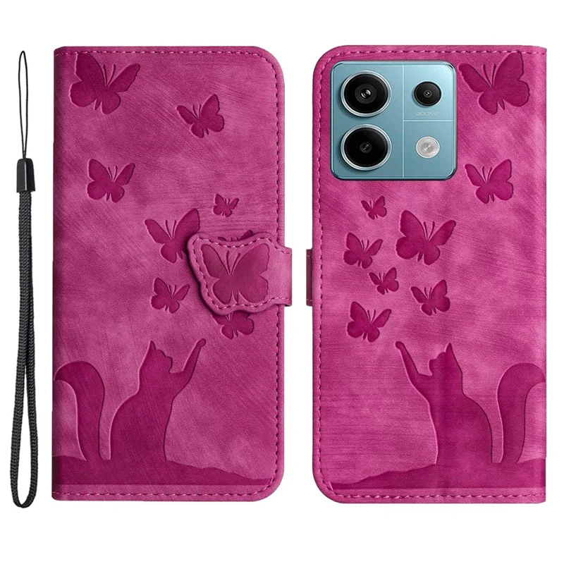Para Xiaomi Redmi Note 13 Pro 5G / Poco X6 5G Capa Borboleta Cat Imprinted Leather Flip Phone Cover - Rosa