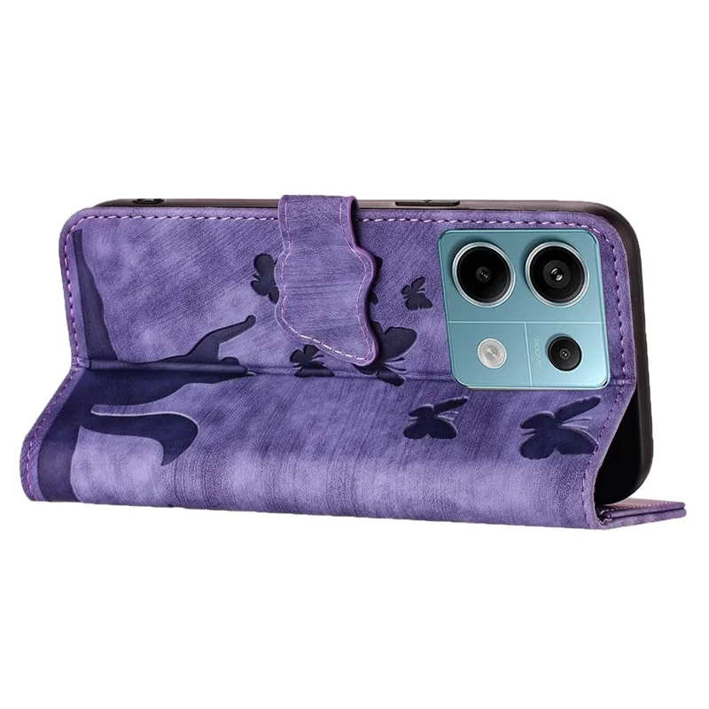 For Xiaomi Redmi Note 13 Pro 5G / Poco X6 5G Case Butterfly Cat Imprinted Leather Flip Phone Cover - Purple