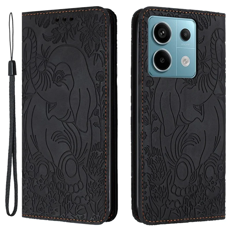 Voor Xiaomi Redmi Note 13 Pro 5G / Poco X6 5G hoesje met olifantpatroon Lederen telefoonhoes - Zwart