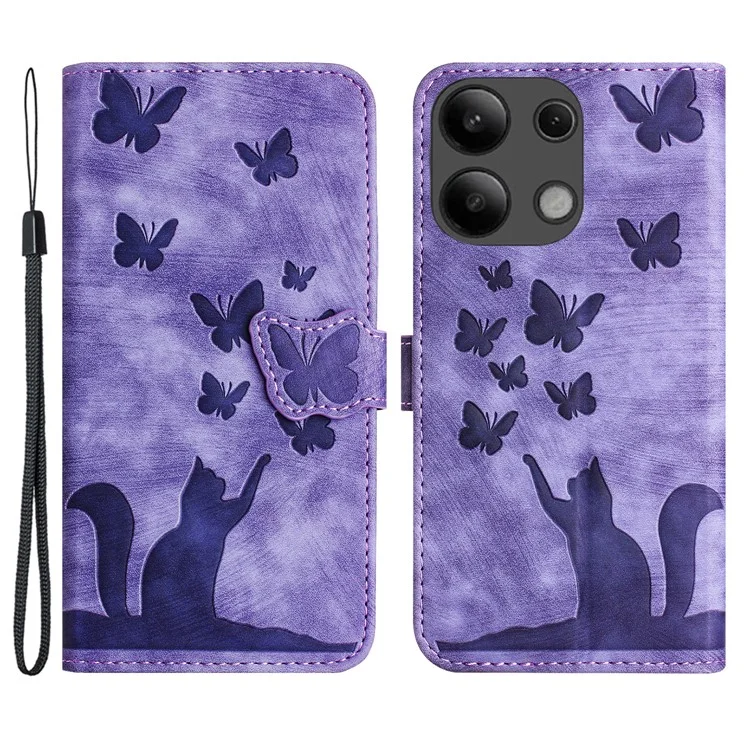 Para Xiaomi Redmi Note 13 4G Capa Caso PU Leather Phone Cover Borboleta Padrão de Gato - Roxo
