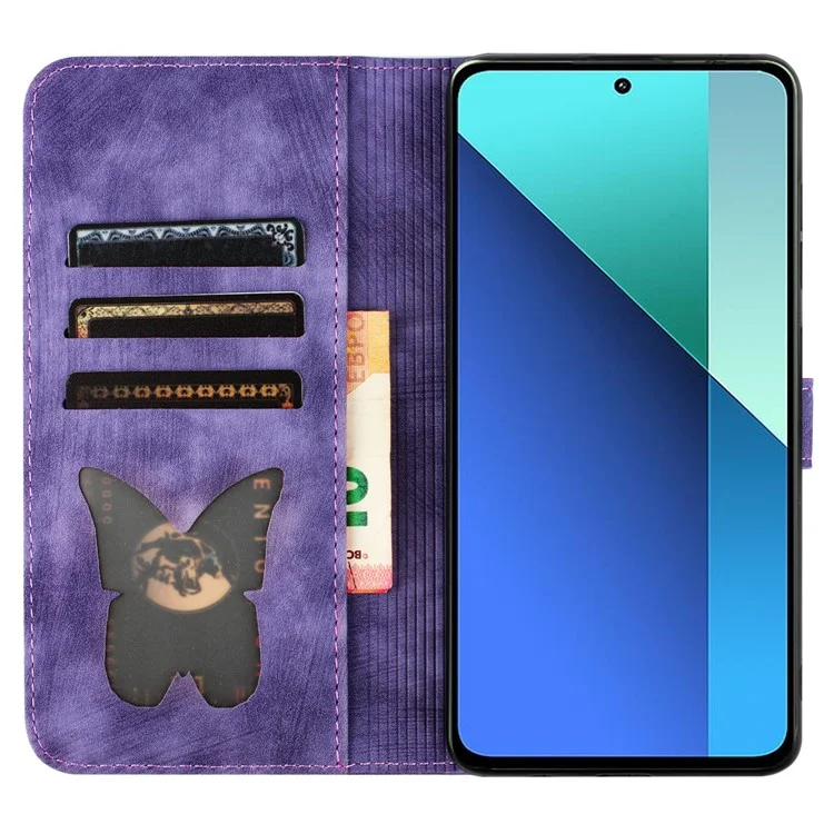 Para Xiaomi Redmi Note 13 4G Capa Caso PU Leather Phone Cover Borboleta Padrão de Gato - Roxo