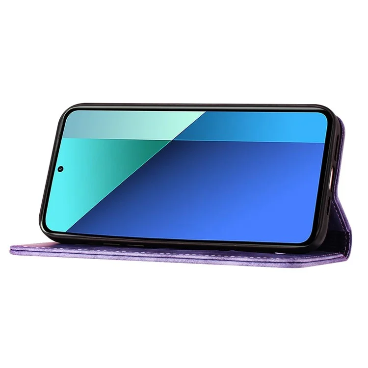 Para Xiaomi Redmi Note 13 4G Capa Caso PU Leather Phone Cover Borboleta Padrão de Gato - Roxo