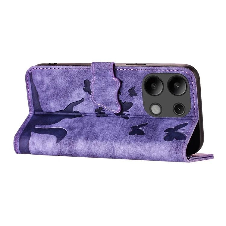 Para Xiaomi Redmi Note 13 4G Capa Caso PU Leather Phone Cover Borboleta Padrão de Gato - Roxo