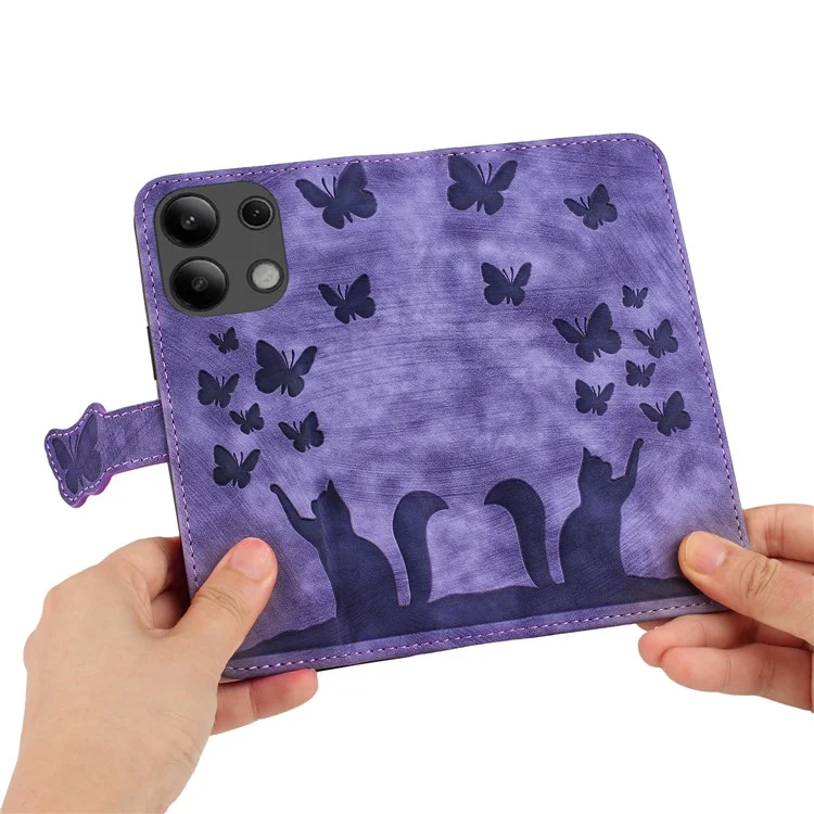 Para Xiaomi Redmi Note 13 4G Capa Caso PU Leather Phone Cover Borboleta Padrão de Gato - Roxo