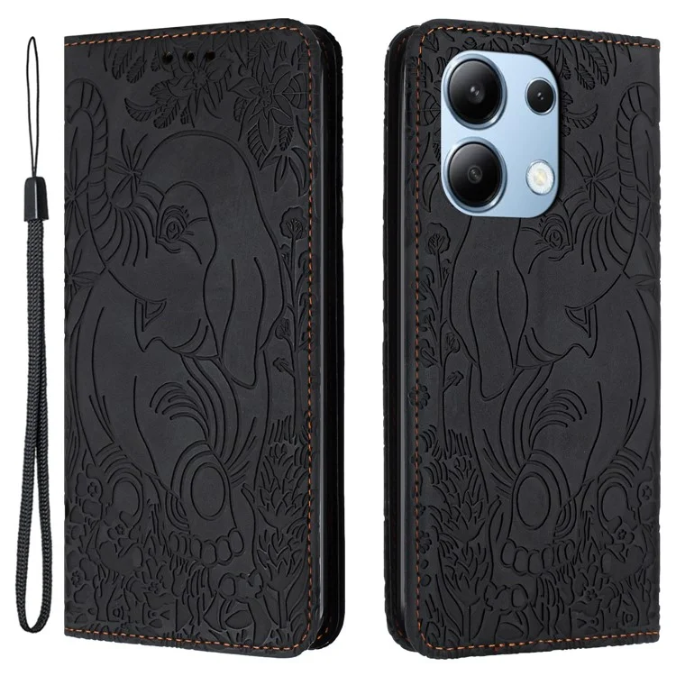 For Xiaomi Redmi Note 13 4G Case Elephant Pattern Leather Phone Cover Magnetic Absorption - Black